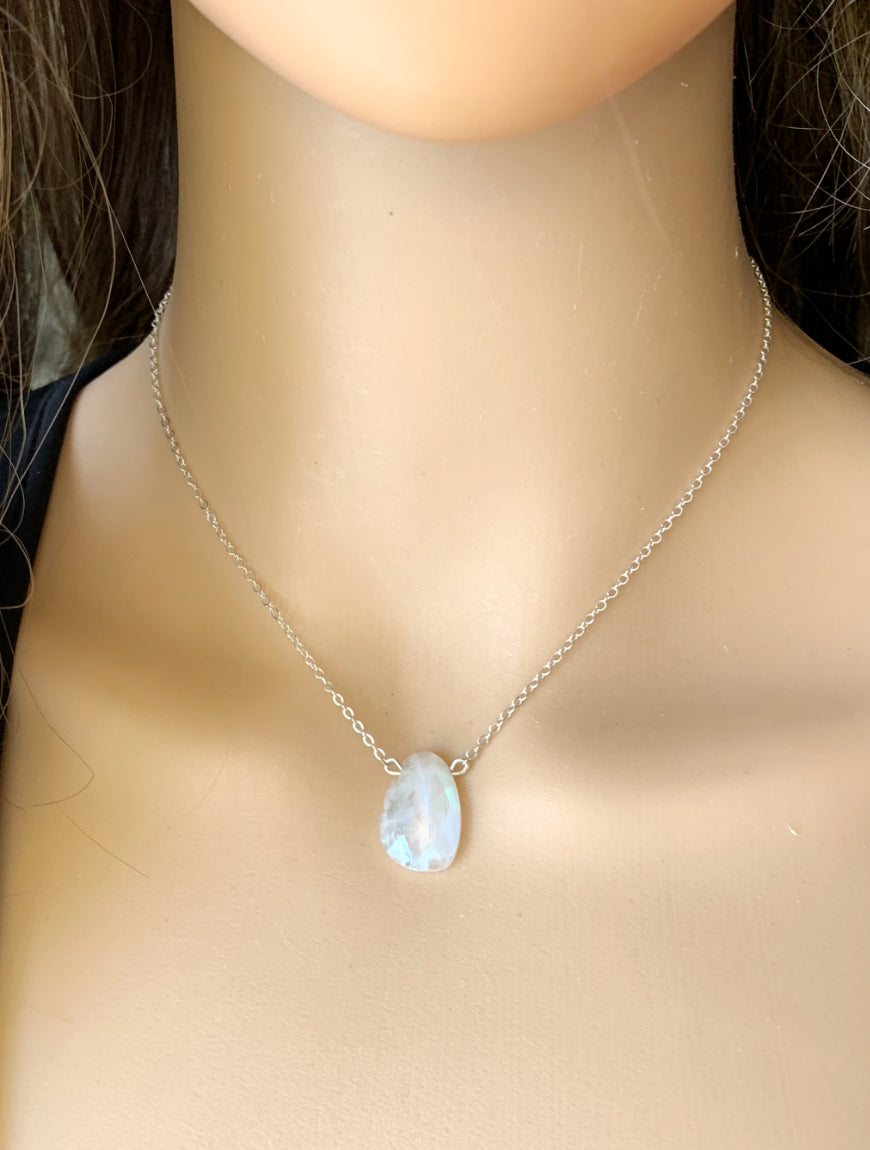 Rainbow Moonstone Necklace, 925 Silver Chain Necklace, June Birthstone, Healing Stone, Boho Pendant, store Blue Flash Moonstone, Bridesmaid Gift